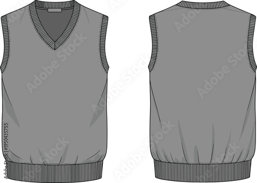 Men sweater vest vector template, sleeveless knit pullover with V neck, front and back view fashion technical drawing apparel flat sketch