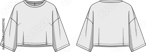 Women oversized cropped t shirt vector template, loose short sleeve boxy top, front and back view fashion technical flat sketch