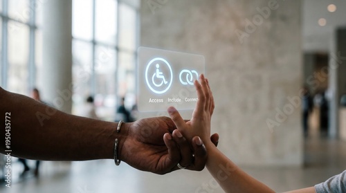 Trust & Social Cohesion - A hand guides another toward a floating digital accessibility interface with glowing access and connect icons, symbolizing support and technology interaction.