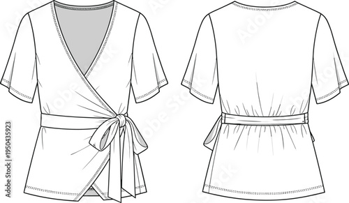 Women wrap blouse vector template, short sleeve V neck tie waist top front and back view fashion technical flat sketch