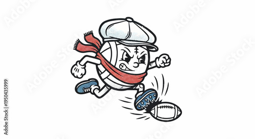 Cartoon ball character in cap and scarf kicking a football