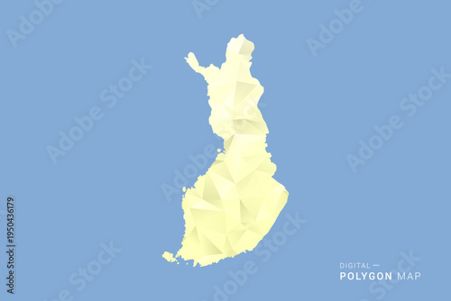 Finland Map in low poly polygon vector style, geometric shape illustration with soft yellow tones on blue background, clean silhouette for infographic.
