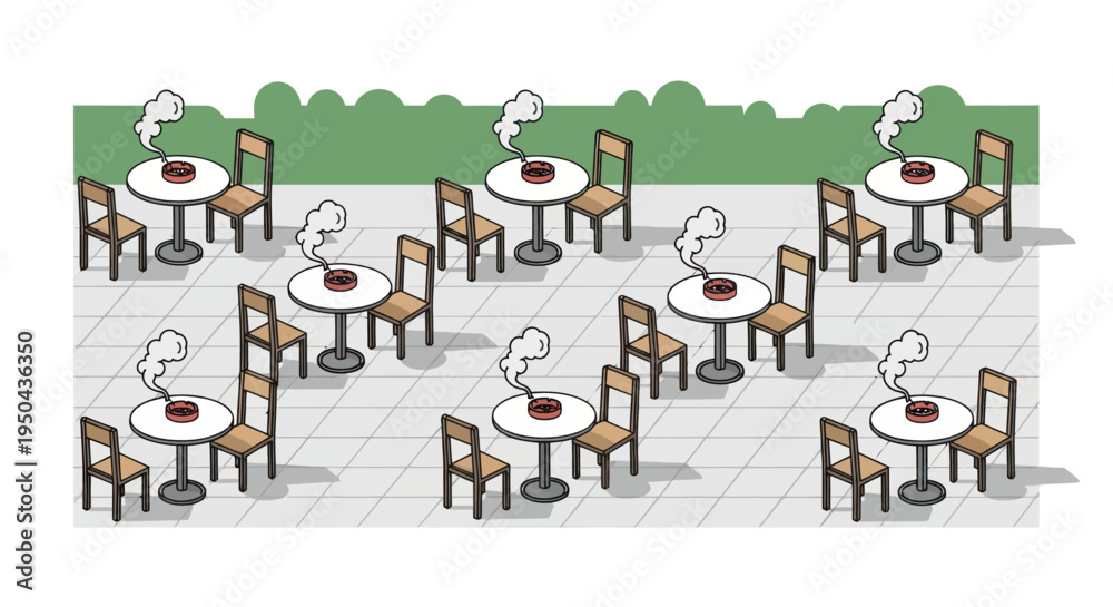 Obraz premium Outdoor cafe tables with steaming food and chairs.