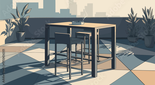 Modern outdoor bar table with stools on a tiled patio.