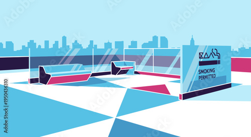 Modern rooftop smoking area with city skyline view.