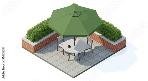Outdoor Patio Furniture With Green Umbrella And Planters.