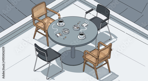 Overhead view of a round table with four chairs and coffee cups.