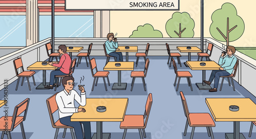 People enjoying smoking break at outdoor cafe tables.