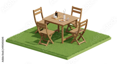 Wooden Patio Dining Set with Table and Four Chairs on Green Grass.