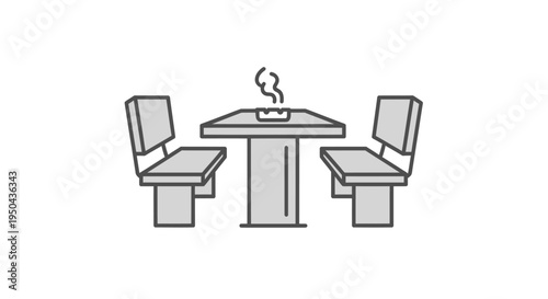 Simple Line Drawing of a Picnic Table with Benches and Ashtray.