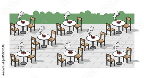 Outdoor cafe tables with steaming food and chairs.