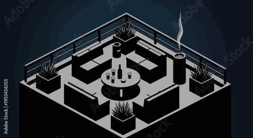 Rooftop Lounge Isometric View with Seating and Drinks.