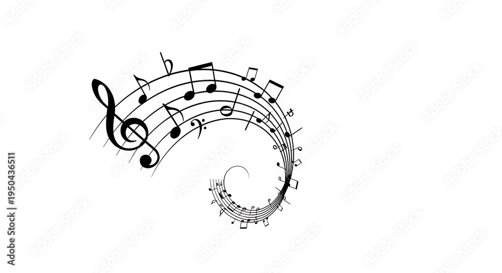 Fototapeta premium Elegant black and white musical moon illustration with flowing notes