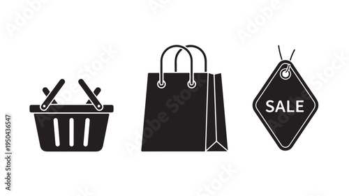 Shopping icons set including basket, bag, and sale tag on white background for e-commerce concepts
