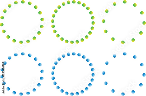 A colorful illustration of six circles made up of small dots in green and blue hues on a white background