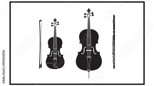 Silhouette Of Cello, Violin, Bow And Flute On White Background For Music Concepts