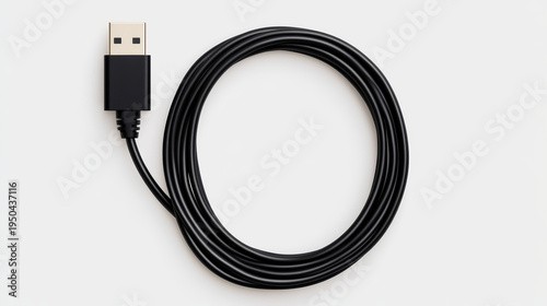 Black charging cable neatly coiled on white background, USB connector, minimal style