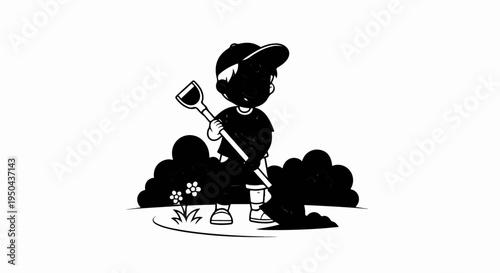 Cartoon boy wearing a cap, holding a shovel, and digging near bushes