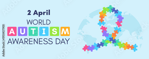 World Autism Awareness Day Banner with Colorful Puzzle Ribbon and World Map
