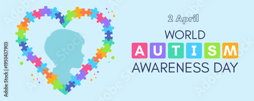 World Autism Awareness Day Banner with Heart Symbol Puzzles and Child silhouette.