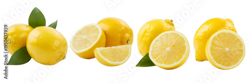 Lemons and lemon slices with green leaves citrus isolated on a transparent background