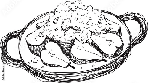 baked pears with crumble topping in a round casserole dish, rustic dessert concept