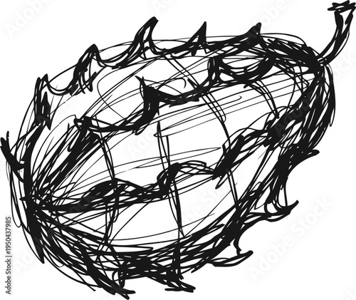 Hand drawn sketch of a horned, spiky fruit with textured surface and tail end detail
