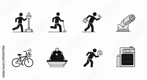 Stylized figures depict various activities torch, sweeping, briefcase, telescope, bike, food, delivery, generator