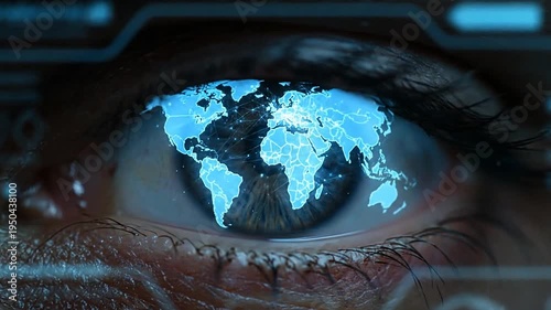 A close-up eye with a reflected computer screen displays a world map.