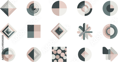 A collection of abstract geometric icons in muted pastel tones