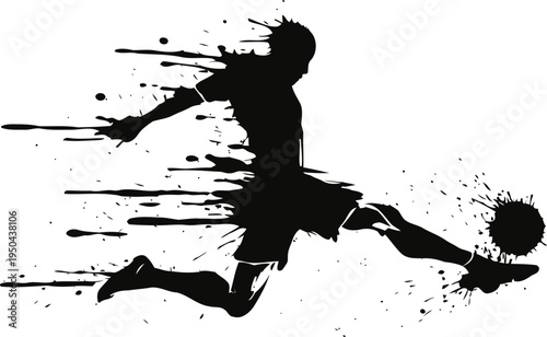 Dynamic soccer player silhouette kicking ball with abstract splatter paint effect