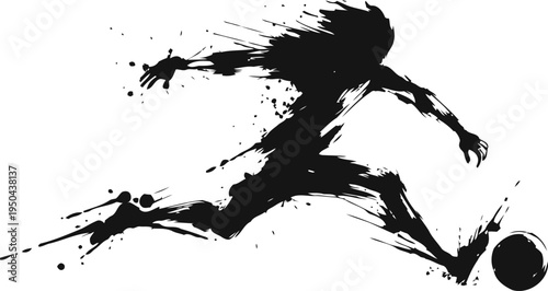 Ink paint silhouette of soccer player kicking ball in dynamic motion brush stroke