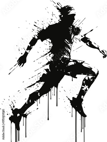Dynamic soccer player silhouette kicking ball with grunge ink splatter artistic