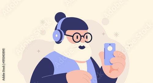 A stylized person with headphones and glasses takes a selfie with a phone