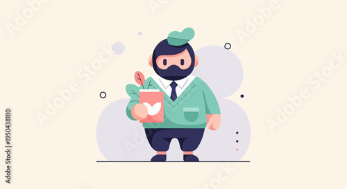 A stylized cartoon character with a beard holds a potted plant