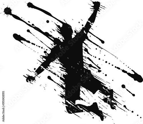 Abstract black paint splatter with a jumping person silhouette, dynamic ink splash art