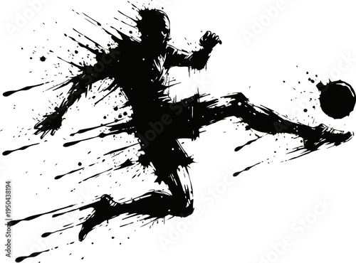 Dynamic soccer player silhouette kicking a ball with artistic splatter ink effect