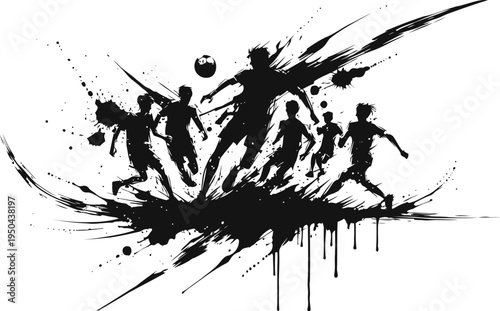 Soccer players in dynamic motion with ball, abstract black ink splatter design