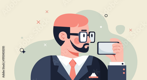 Business professional with glasses holds up a phone with his right hand