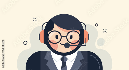 Stylized person with glasses and headset, wearing a suit and tie
