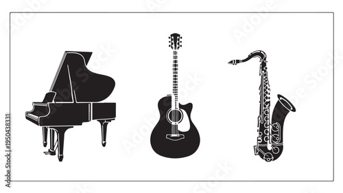 Black Silhouettes Of Grand Piano, Acoustic Guitar, And Saxophone On White Background For Music Concepts