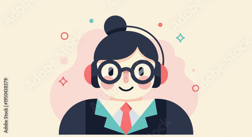 Cartoon portrait of a person wearing headphones and glasses