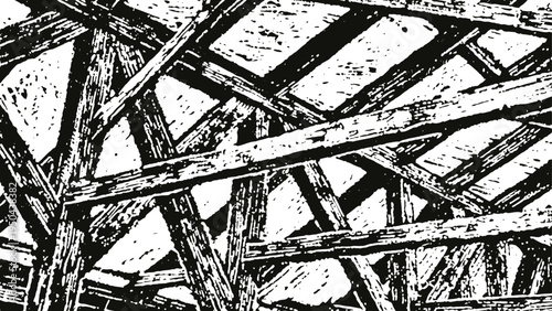 Black and white abstract pattern of randomly intersecting wooden beams on a textured background
