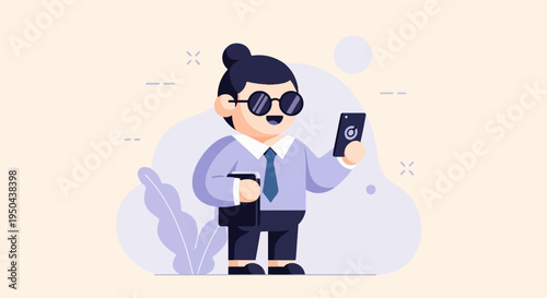 Cartoon person in formal wear holding a phone and a folder