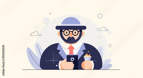 A businessman in a suit and hat holds a phone and a coffee cup