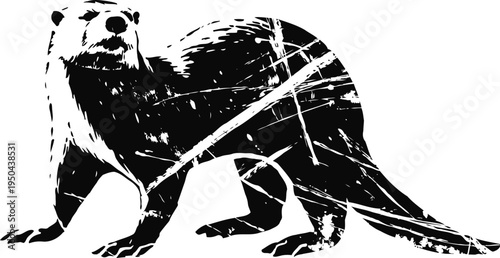 Black and white otter silhouette with scratch texture isolated on white background, aquatic wildlife illustration