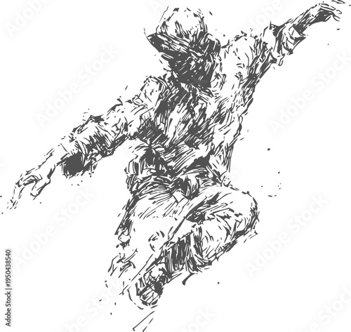 Dynamic sketch of a breakdancer in motion performing a jump with energetic freestyle dance moves