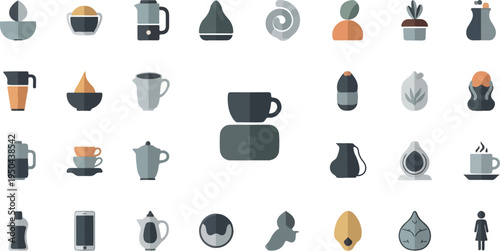 A collection of flat design icons depicting kitchenware, food items, and personal accessories