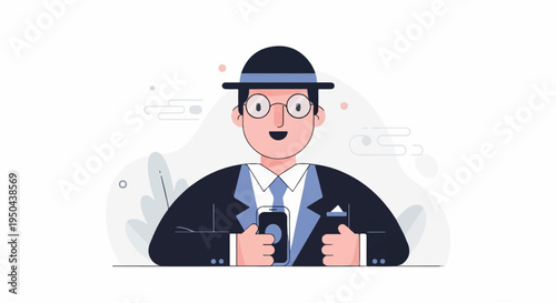 A man in a suit and bowler hat holds a smartphone, smiling warmly