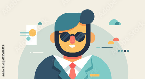Stylized man with beard, sunglasses, and suit in modern graphic art